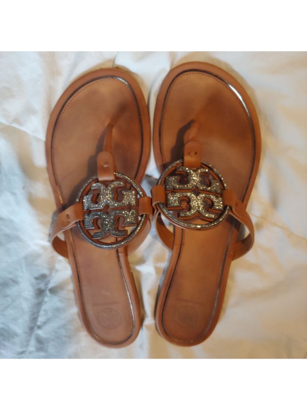 Tory Burch Miller Crystal Logo Sandals Leather Thong Rhinestone Medallion 11 - Picture 3 of 13